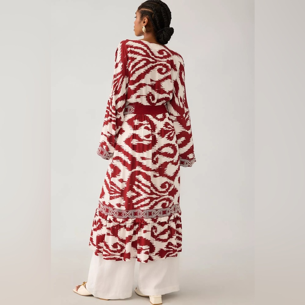 NWT Anthropologie Women's Red Printed Front Ring Kaftan Cover Up Kimono Size M/L - Picture 2 of 4